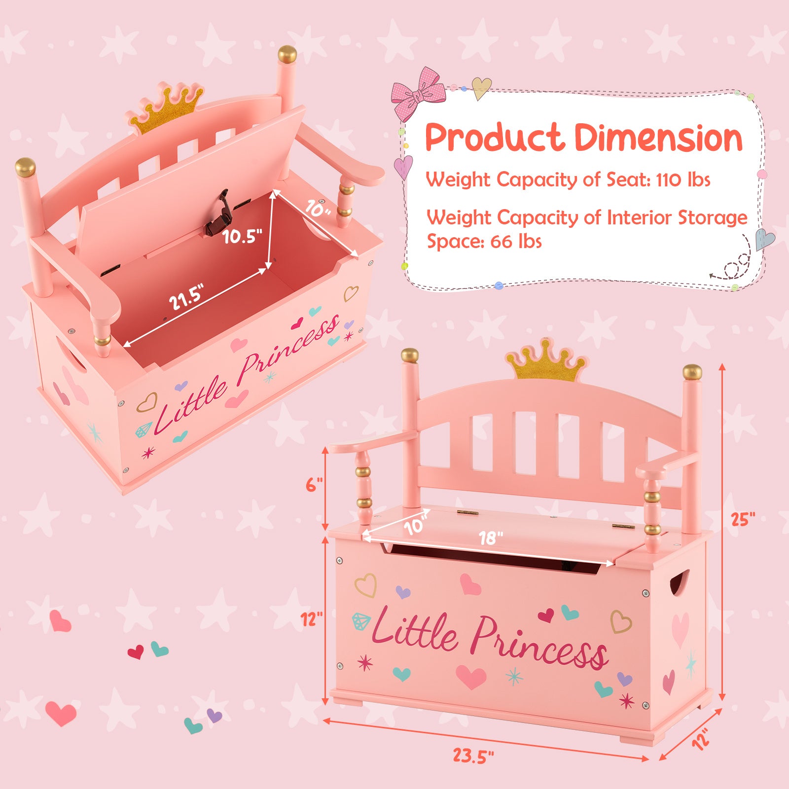 COSTWAY Kids Toy Storage Organizer, 2-in-1 Toy Storage Chest & Bench, w\u002F Safety Hinge & High Backrest, Cute Crown Pattern, Toy Storage Organizer for Kids Room, Playroom, Nursery