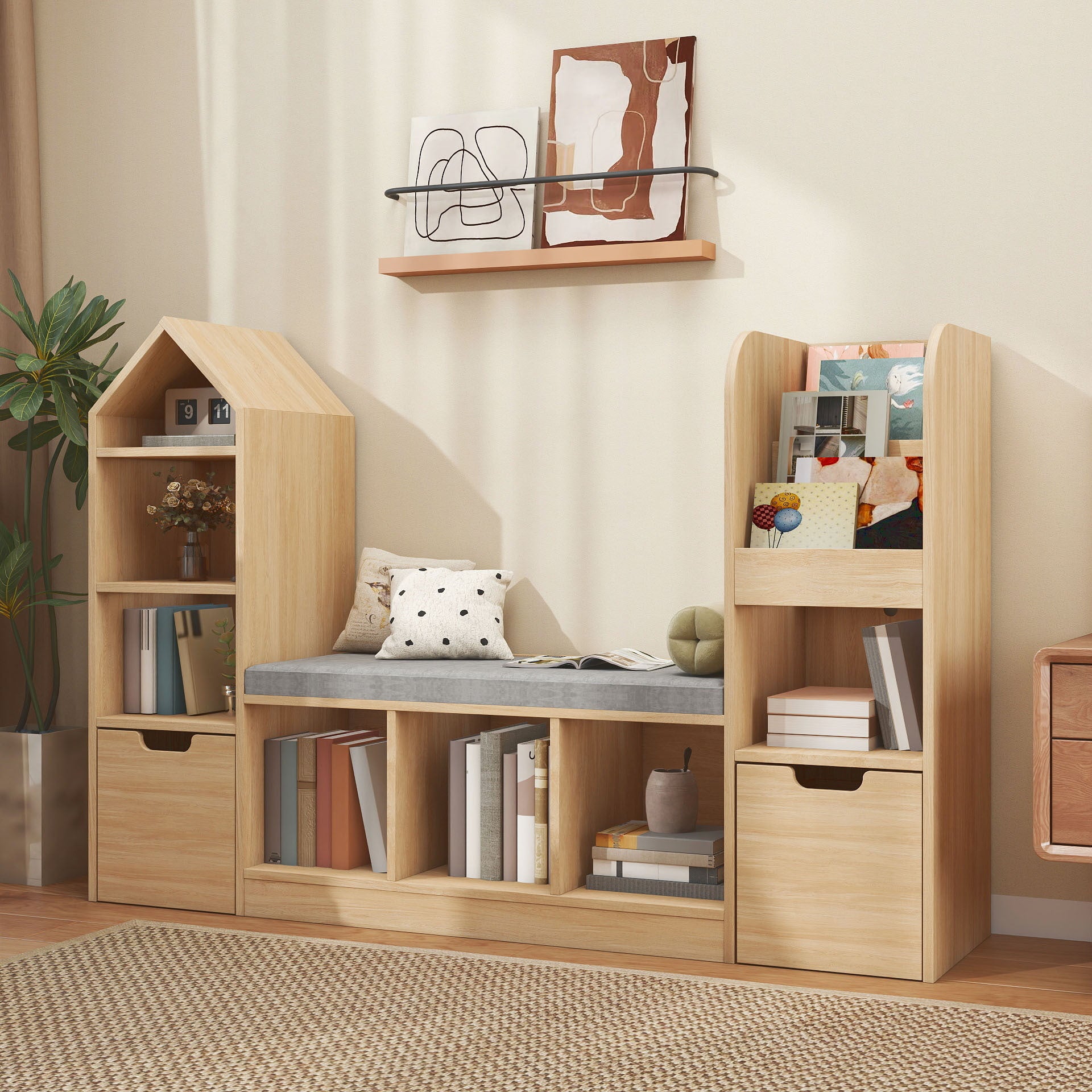 Nordic Style Bookcase with Reading Nook | Space-Saving Storage Cabinet with 7 Cubbies, 2 Movable Drawers & Seat Cushion, Multifunctional Organizer for Living Room, Bedroom, Office, Wood Color, Hardwood Material, VABCHES Brand